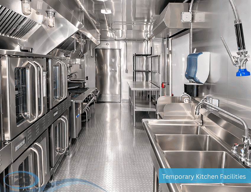 Commercial kitchen with ovens, cooking equipment, and stainless-steel sinks