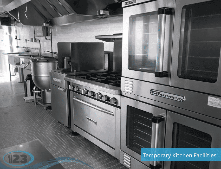 Ovens, cooking equipment, and stainless-steel work surfaces inside a kitchen