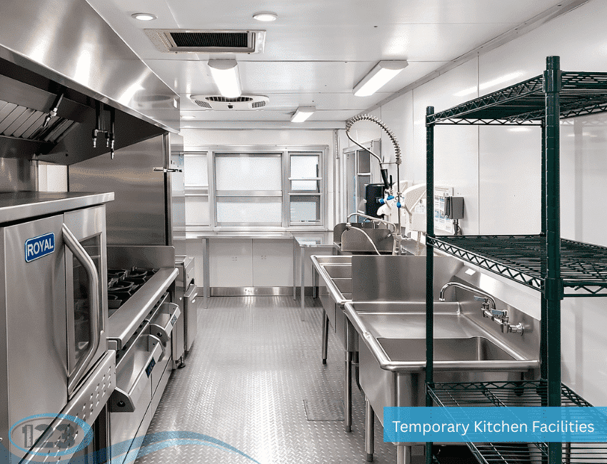 Stainless-steel preparation tables and shelving inside a commercial kitchen