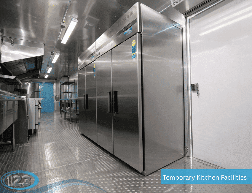 Commercial kitchen interior with stainless-steel storage and work areas