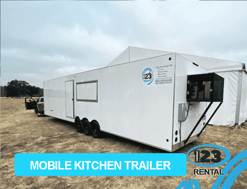 White mobile kitchen trailer with exterior access doors