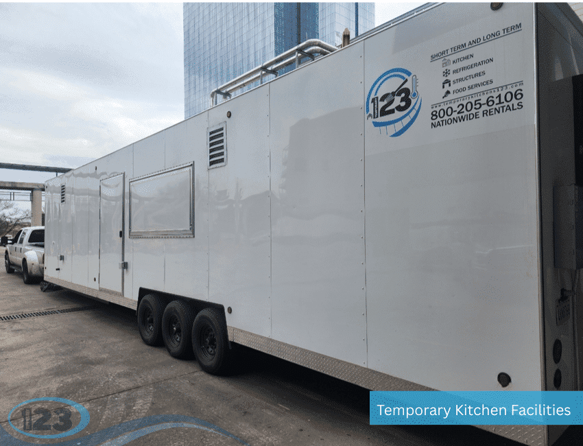 White temporary kitchen trailers photographed from outside